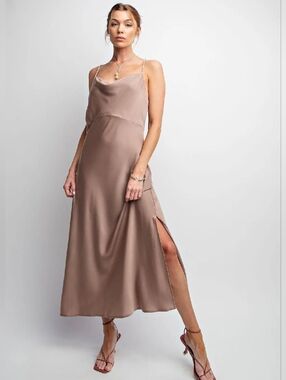 EASEL Bohemian Khaki Satin Maxi Dress Size M NWT